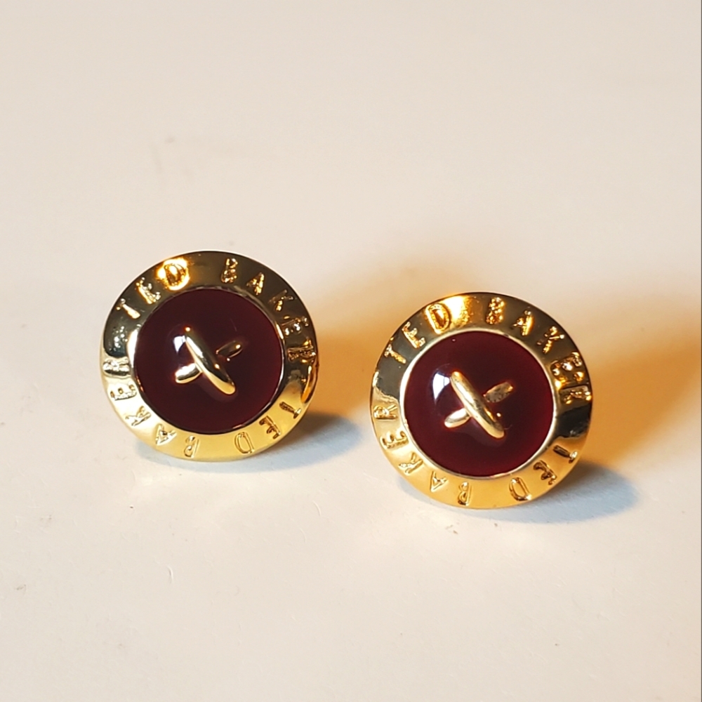 Ted Baker Elody BURGUNDY and GOLD Enamel Button Earrings